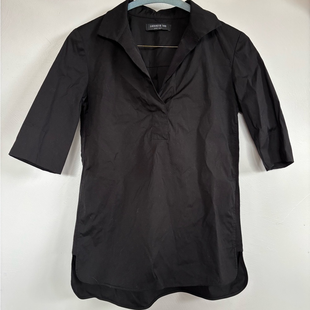 Lafayette 148 Black Popover Tunic Blouse Elbow Sleeve Stretch Cotton Top S